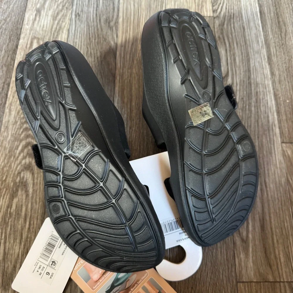 Aetrex Kaia Orthotic Slides Women Size 6 Black Adjustable Strap Sandals NEW